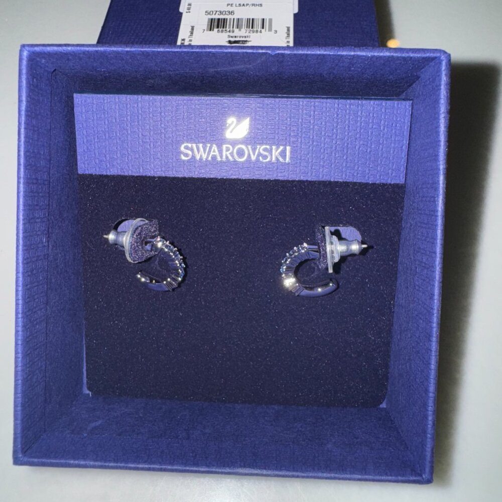 Swarovski Mini Hoop Earrings Blue, Rhodium plated